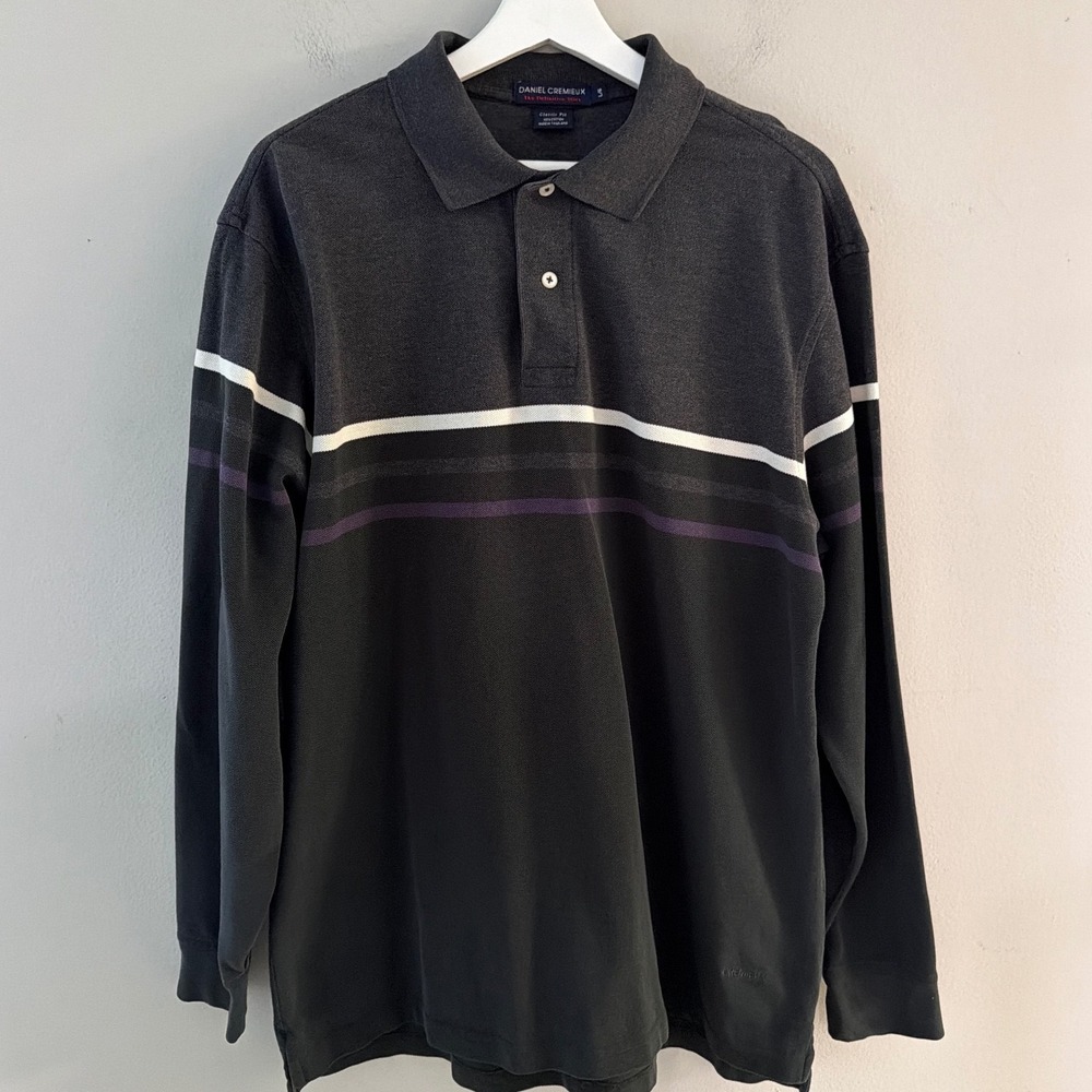 Daniel Cremieux Mens Long Sleeve Polo Shirt Charcoal Grey Striped Classic Fit L